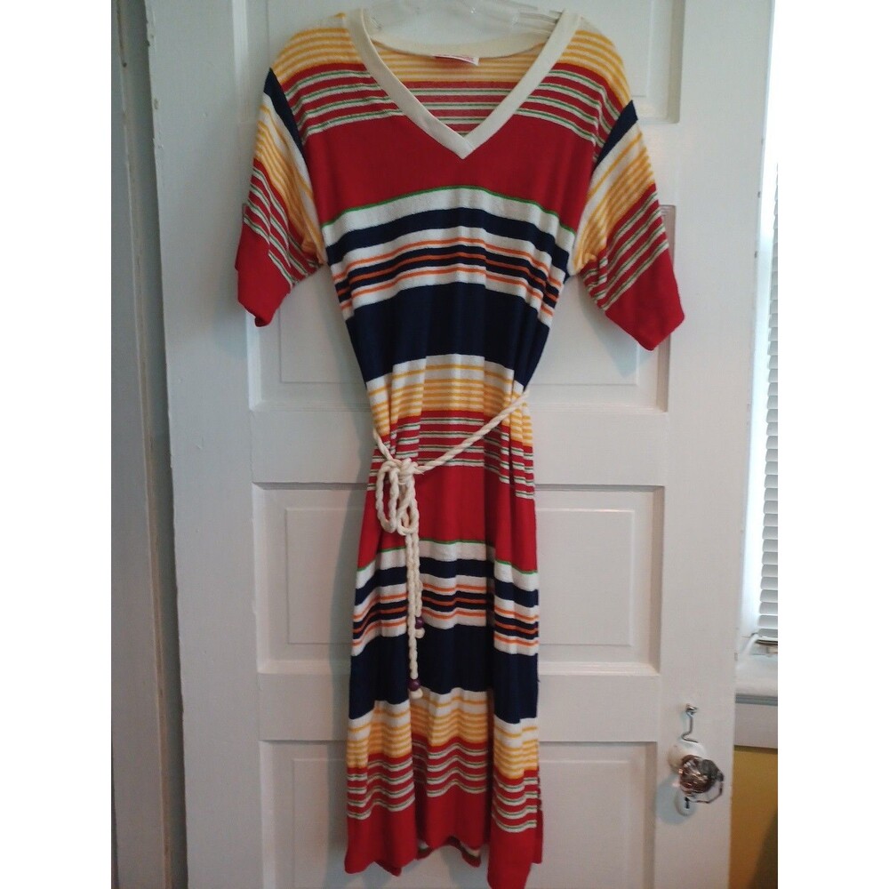 Vintage Vicky Vaughn striped terrycloth dress M? 70s-80s nautical rope belt